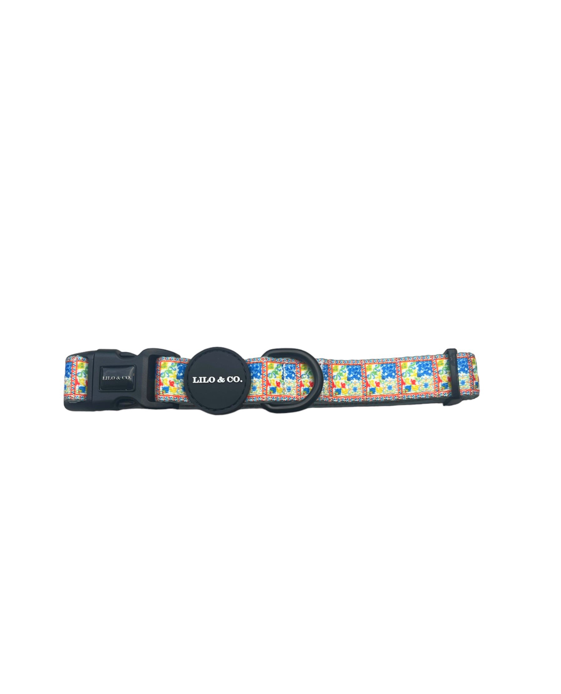 Our Lilo & Co. collars are FULLY adjustable which allows you to adjust the neck to the desired length. 

Breathable neoprene fabric for comfort
Printed polyester webbing strap
Fully adjustable for desired length
Durable
Quick drying 
Branded lock buckle for ultimate security
Solid black D ring for leash attachment
 Please note –  Lilo & Co. recommends that the collar should not be used as a full-time collar, due to wear and tear. For long lasting results please ensure your products are worn suitability.